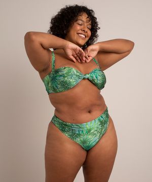 biquíni calcinha plus size estampado folhagem cós com franzido uv50+ verde