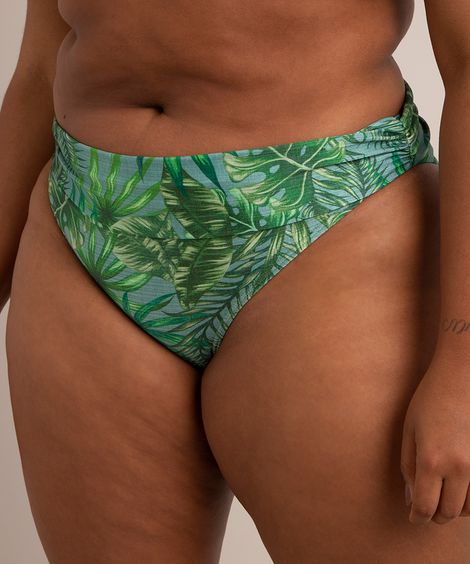 biquíni calcinha plus size estampado folhagem cós com franzido uv50+ verde