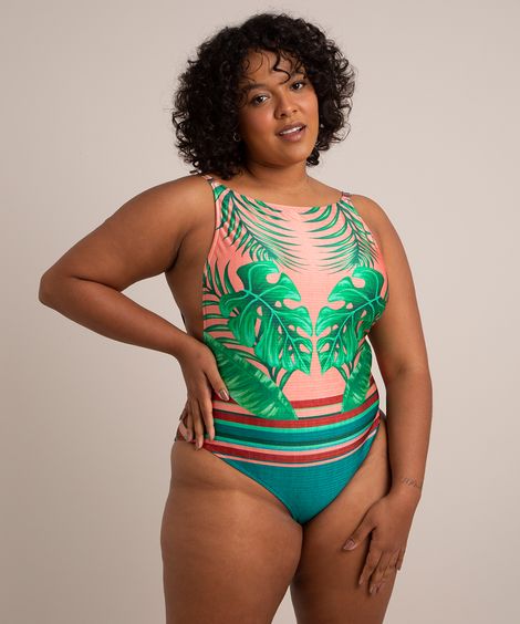maiô halter neck plus size alça fina estampado de folhagens com proteção uv50+ verde