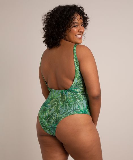 maiô halter neck plus size alça fina estampado de folhagens com proteção uv50+ verde