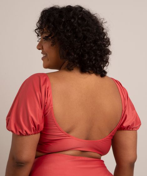 biquíni top plus size manga bufante com bojo removível e argola proteção uv50+ coral