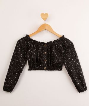 blusa juvenil cropped estampada poá manga longa ombro a ombro preta