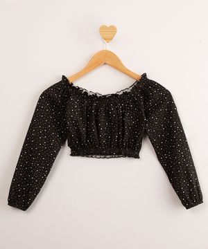 blusa juvenil cropped estampada poá manga longa ombro a ombro preta