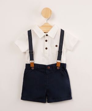 conjunto infantil de caminha manga curta com botões off white + bermuda de sarja com suspensório Azul Marinho