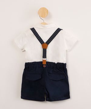 conjunto infantil de caminha manga curta com botões off white + bermuda de sarja com suspensório Azul Marinho