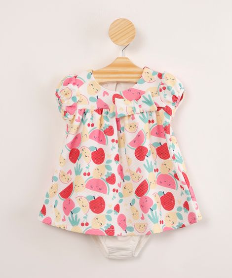 vestido infantil manga bufante estampa divertida de frutas + calcinha off white