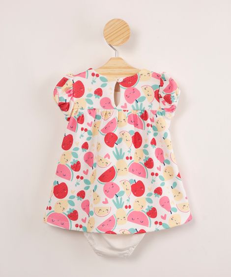 vestido infantil manga bufante estampa divertida de frutas + calcinha off white