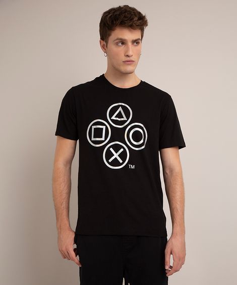camiseta de algodão playstation manga curta gola careca preta