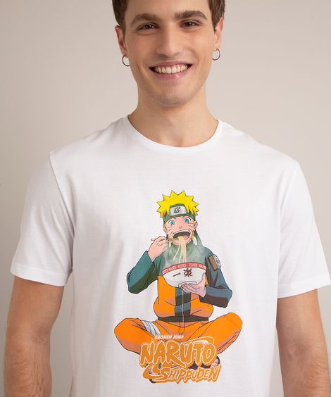 camiseta de algodão naruto manga curta gola careca branca