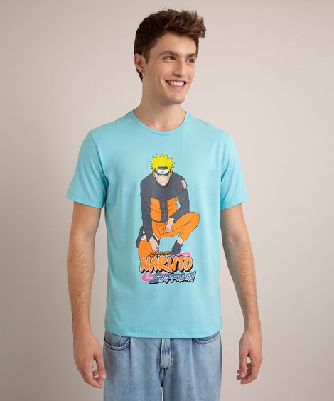 camiseta de algodão naruto manga curta gola careca azul claro