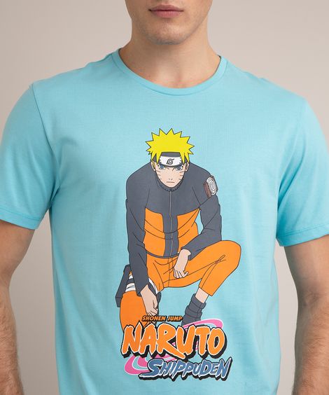 camiseta de algodão naruto manga curta gola careca azul claro