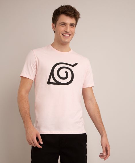 camiseta de algodão naruto konoha manga curta gola careca rosa claro