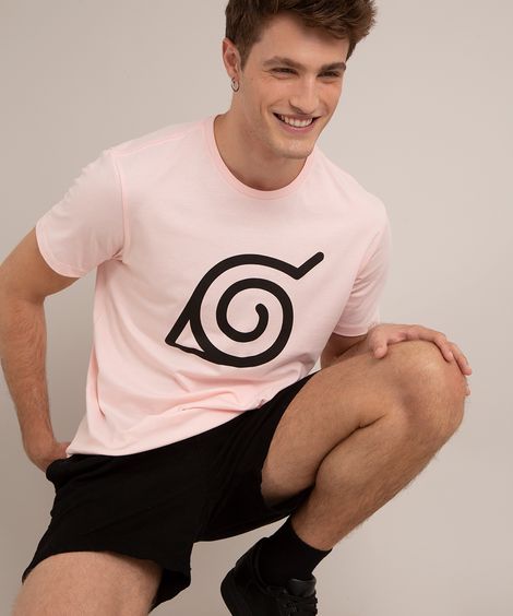 camiseta de algodão naruto konoha manga curta gola careca rosa claro