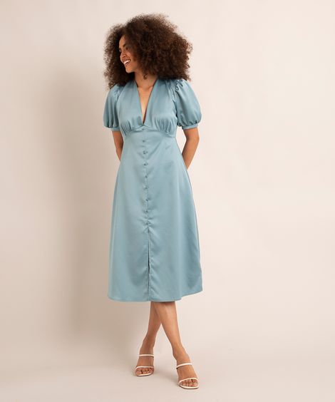 vestido midi de cetim manga bufante decote v com botões azul