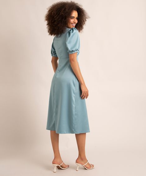 vestido midi de cetim manga bufante decote v com botões azul