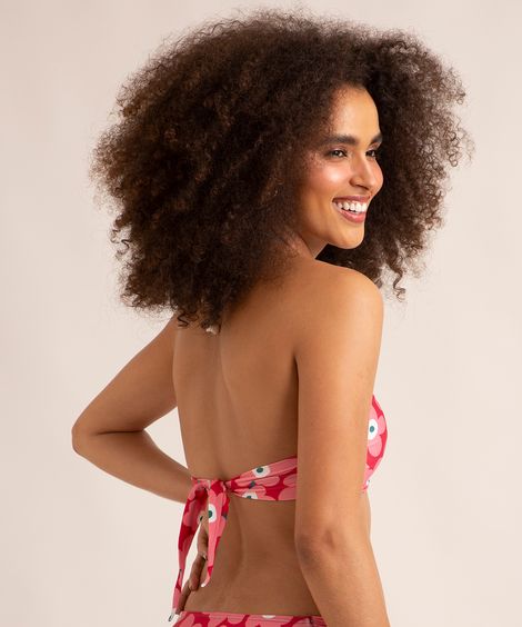 biquíni top frente única estampado floral com frufru e bojo proteção uv50+ vermelho