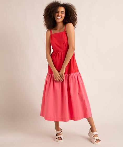 vestido midi alça fina com elástico e amarração vermelho
