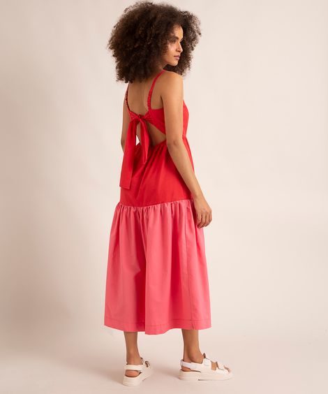 vestido midi alça fina com elástico e amarração vermelho