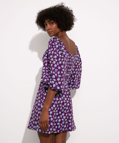 vestido curto estampado floral manga bufante decote princesa mindset roxo
