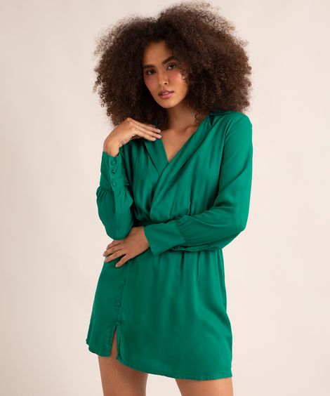 vestido curto de viscose manga longa decote v com gola verde escuro