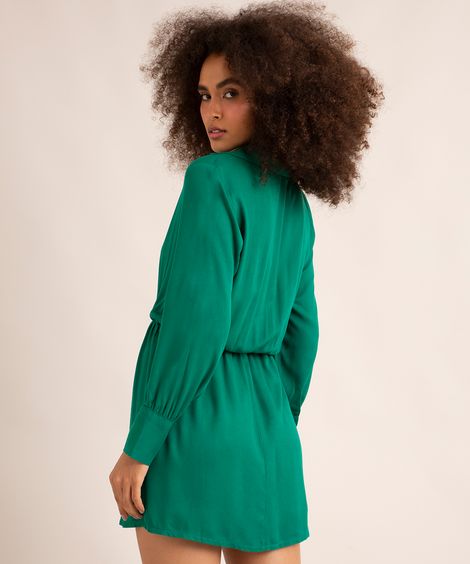 vestido curto de viscose manga longa decote v com gola verde escuro