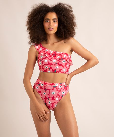 biquíni calcinha hot pant estampado floral proteção uv50+ vermelho