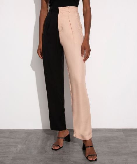 calça alfaiataria bicolor com pregas cintura super alta mindset multicor