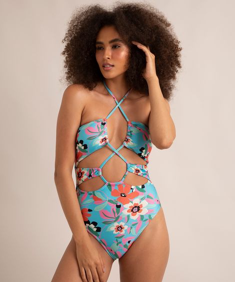 maiô body estampado floral com amarração e bojo proteção uv50+ azul
