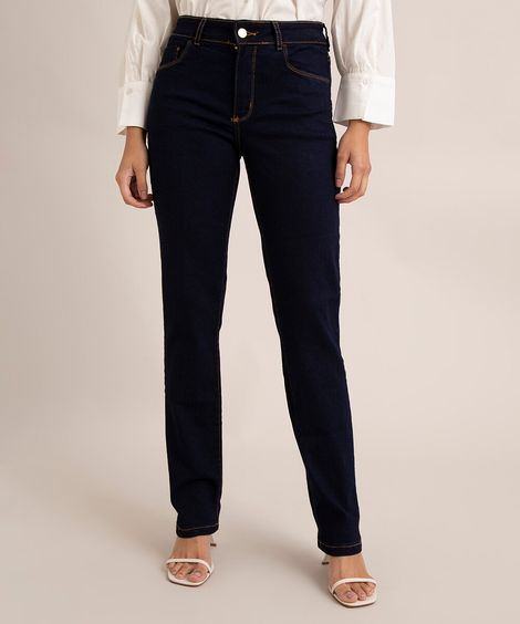 Calça Jeans Feminina Reta Cintura Média Azul Escuro