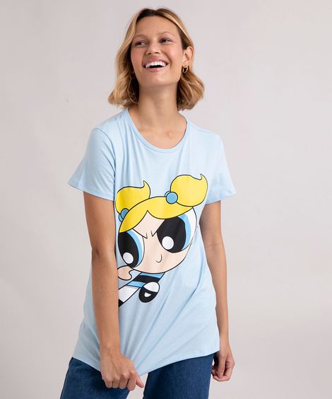 camiseta de algodão lindinha as meninas super poderosas manga curta decote redondo azul claro