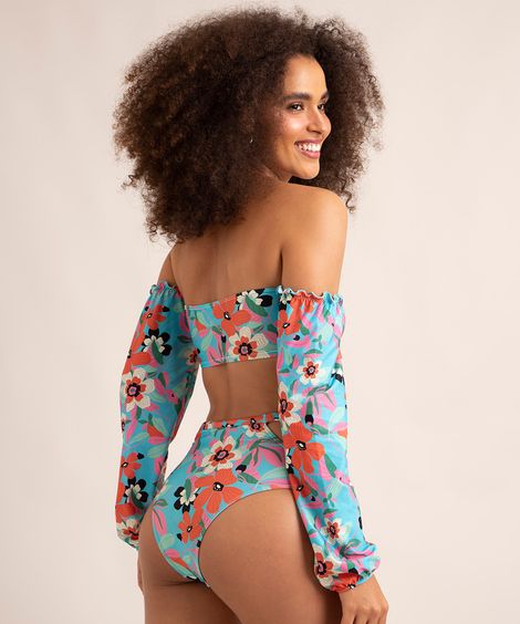 biquíni top faixa estampado floral com babado manga bufante bojo removível proteção uv50+ azul