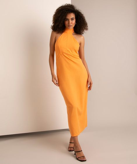 vestido midi halter neck laranja