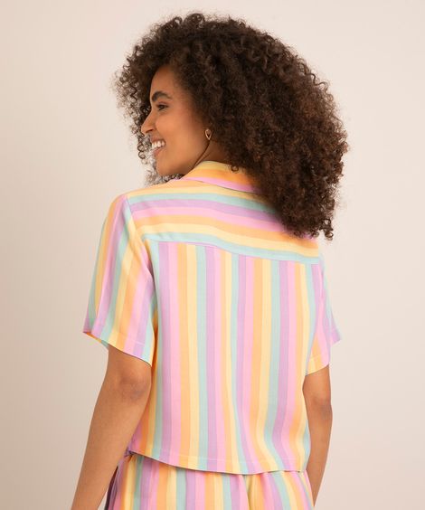 camisa cropped de viscose manga curta listrada multicor