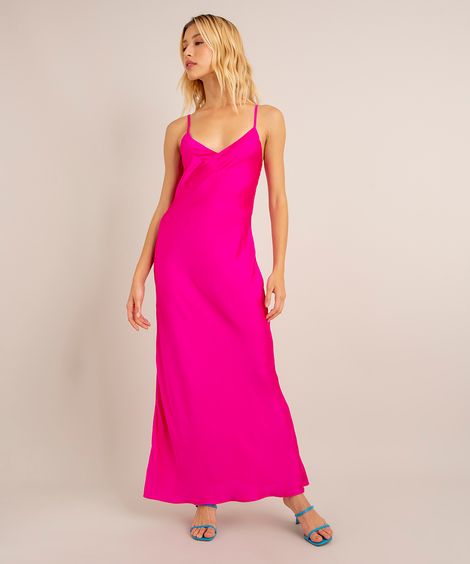 vestido longo de cetim alça fina decote v com amarração  pink