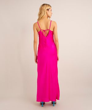 vestido longo de cetim alça fina decote v com amarração  pink