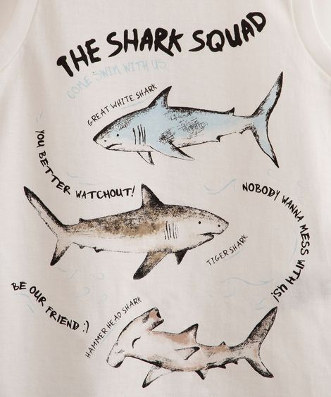 regata infantil de algodão sem estampada de tubarões off white