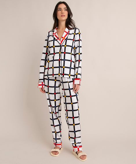 pijama de tricoline manga longa xadrez lulu novis branco