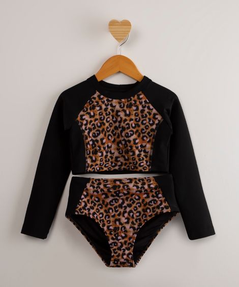 biquíni infantil manga longa estampado animal print de onça com proteção uv50+ além dos mares alter do chão multicor