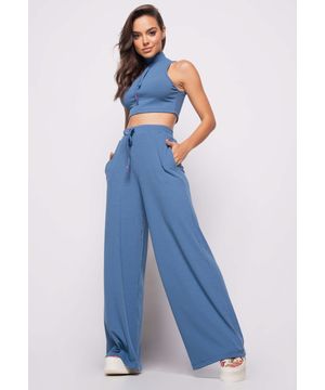 Calça  Wide Leg Salvatore Fashion Malha Canelada Azul