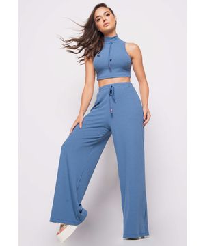 Calça  Wide Leg Salvatore Fashion Malha Canelada Azul