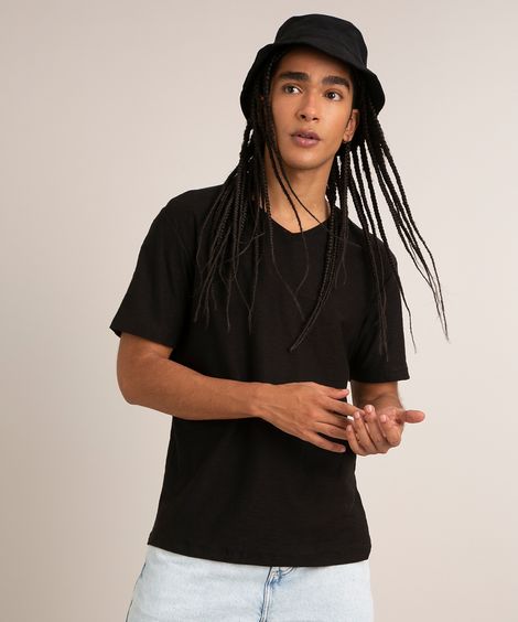 Camiseta Masculina Básica Flamê Manga Curta Gola V Preto
