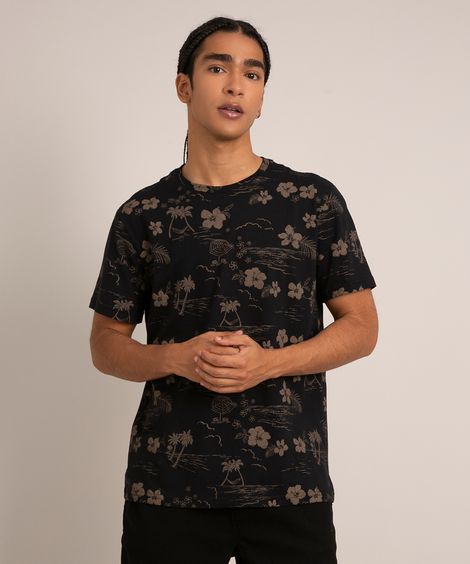 camiseta de algodão estampada tropical manga curta gola careca preta