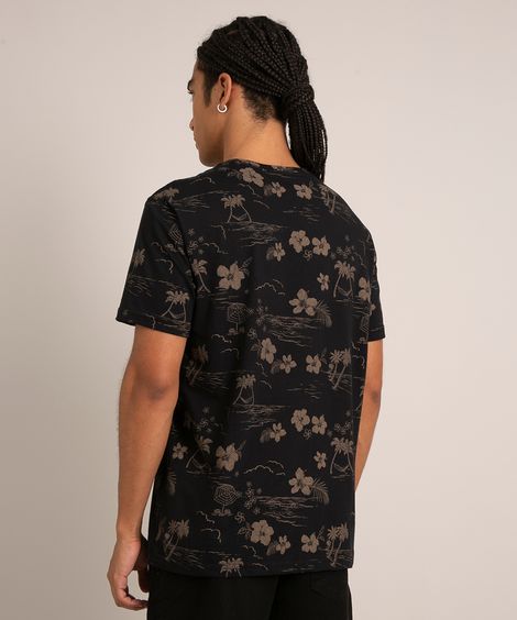 camiseta de algodão estampada tropical manga curta gola careca preta