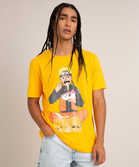 camiseta de algodão naruto manga curta gola careca amarela