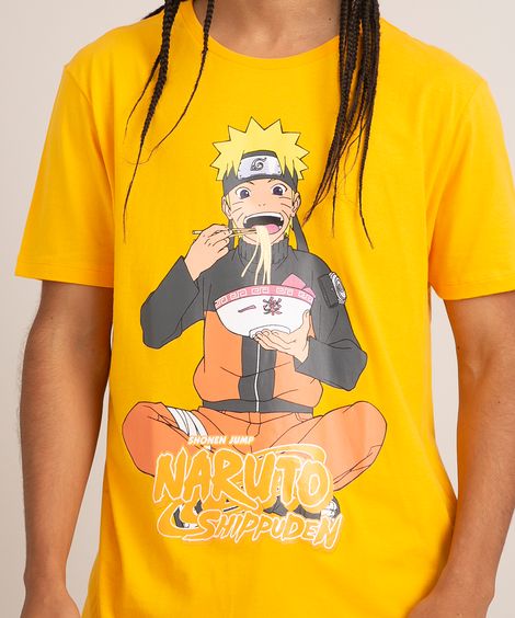 camiseta de algodão naruto manga curta gola careca amarela