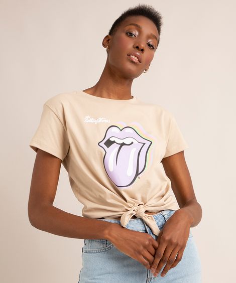 camiseta de algodão manga curta com nó frontal the rolling stones bege