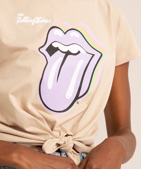 camiseta de algodão manga curta com nó frontal the rolling stones bege