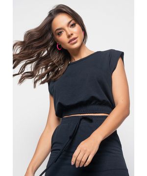 Cropped  Barra Elástico Salvatore Fashion Malha Comfort Preto