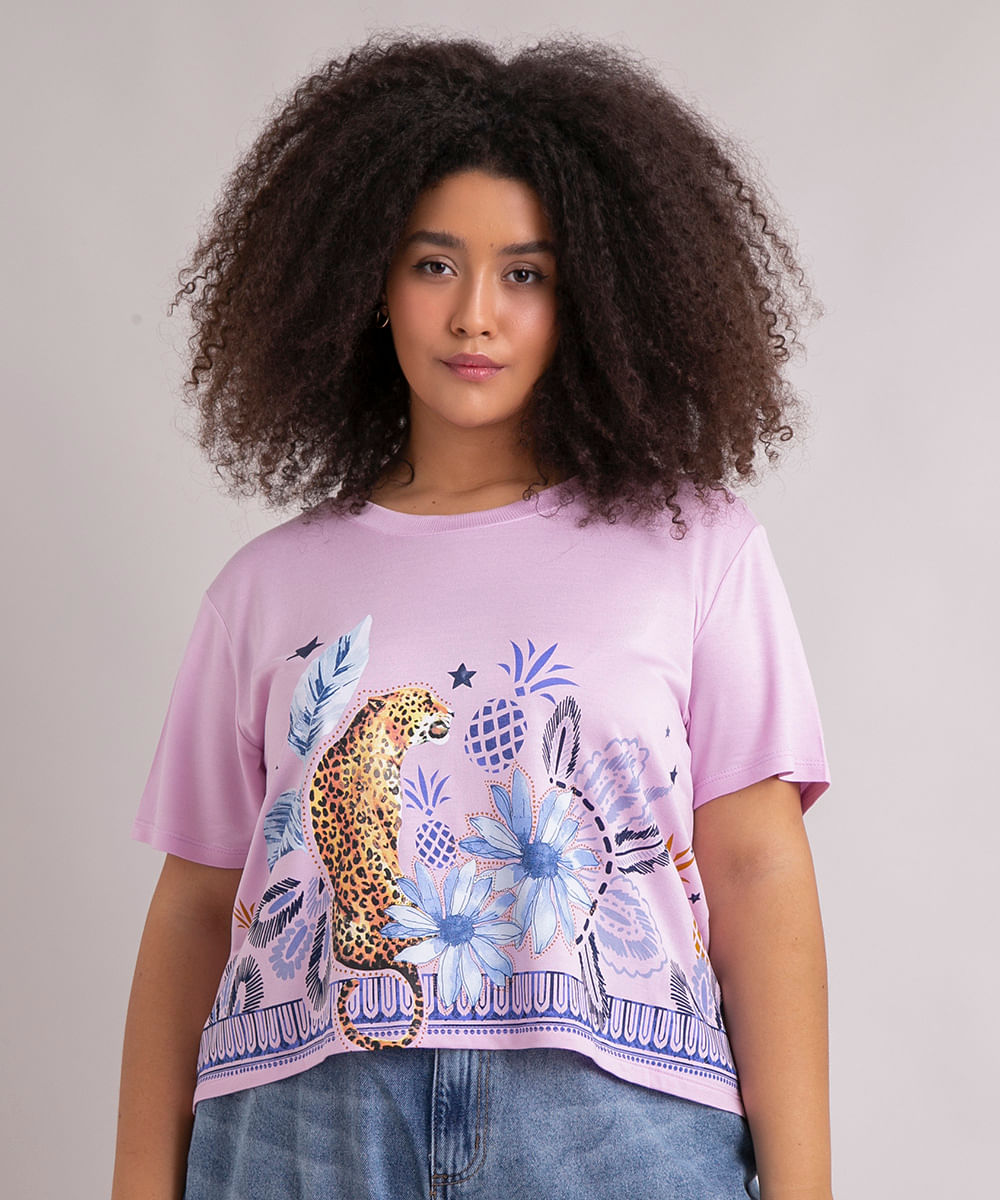 camiseta cropped de moletinho plus size estampada natureza manga curta decote redondo lilás é boa?