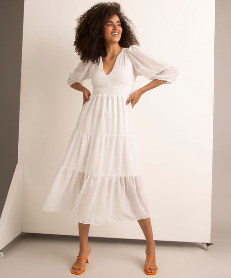 Vestido Texturizado de Poá com Recortes Midi Manga Bufante Off White